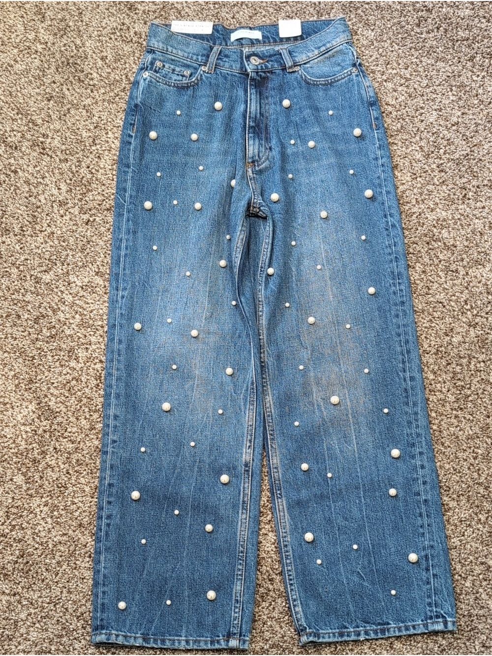 Zara Vintage Straight Crop Mid Rise With Pearls Size 2 NEW